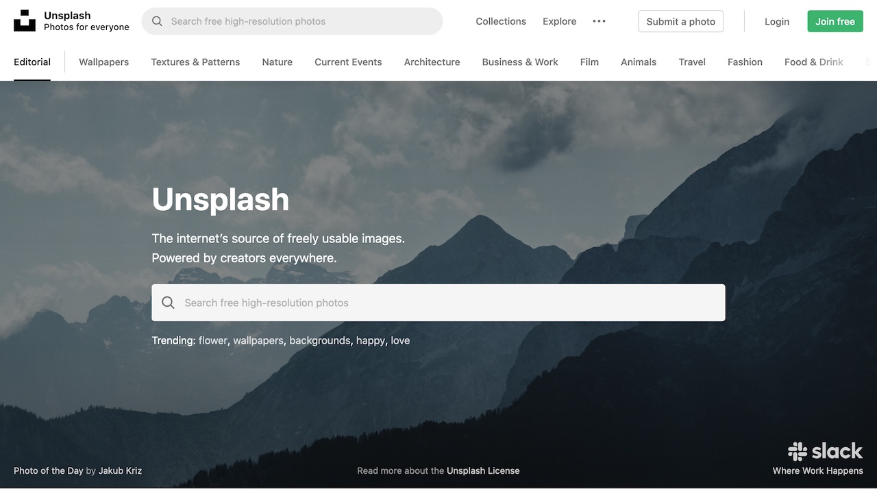 Screen shot of Unsplash site